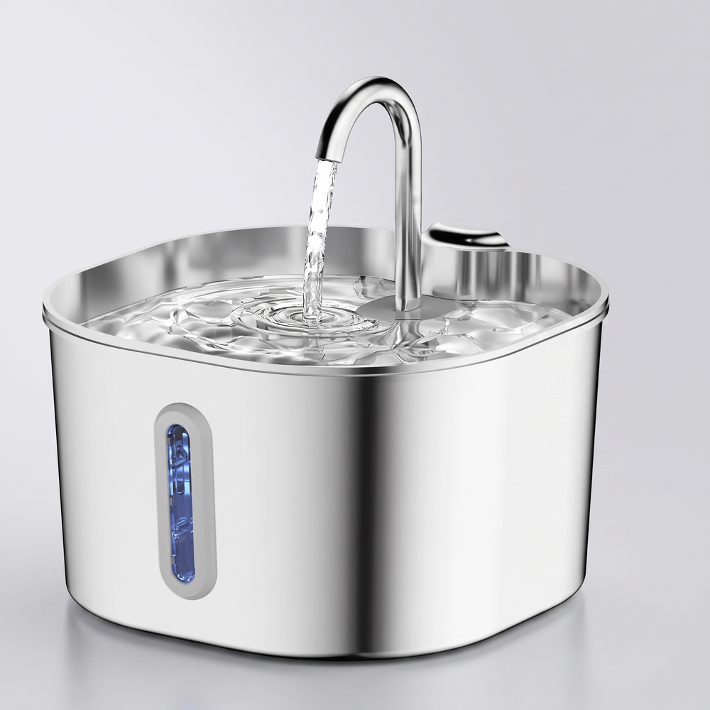 Pet Hydration Fountain stainless steel 2.2L bowl with flowing faucet spout and blue water-level window