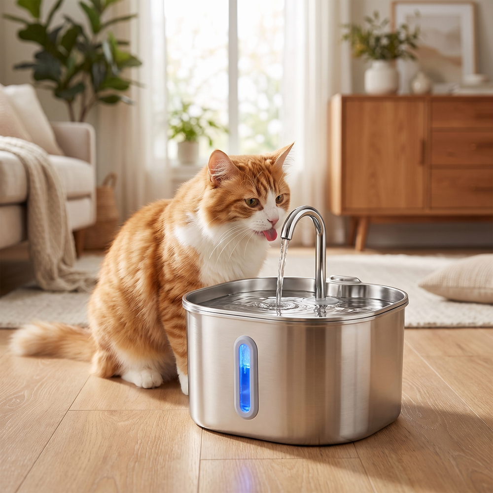 Orange tabby cat drinking from the stainless steel Pet Hydration Fountain in a living room