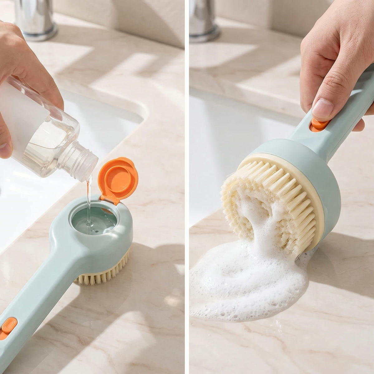 How it works: pour body wash into the reservoir behind the brush head, press the button on the handle, lather flows through the bristles