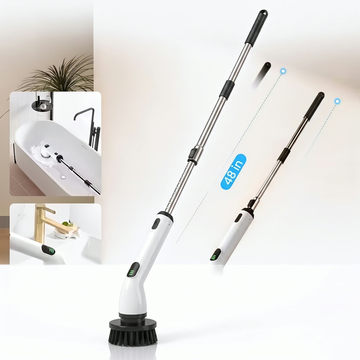 Extension pole reaches tubs, floors, and high tile without bending