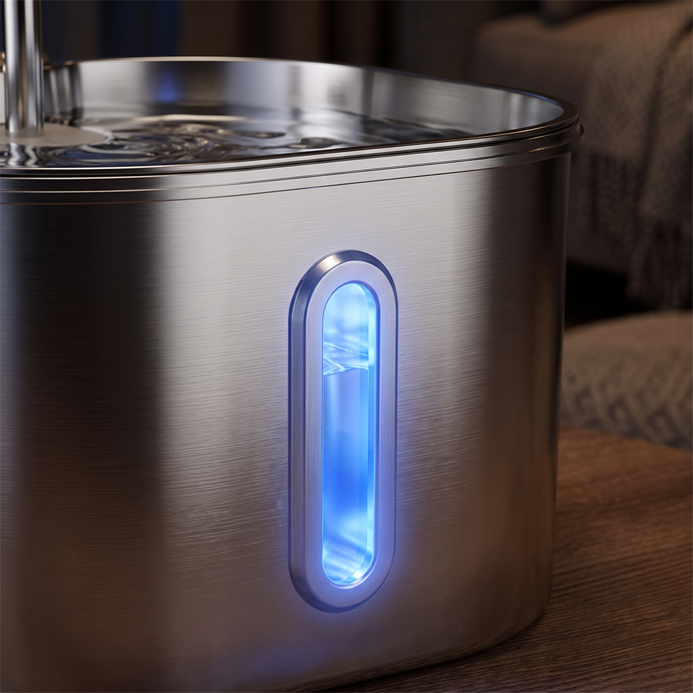 Close-up of the Pet Hydration Fountain's glowing blue water-level window
