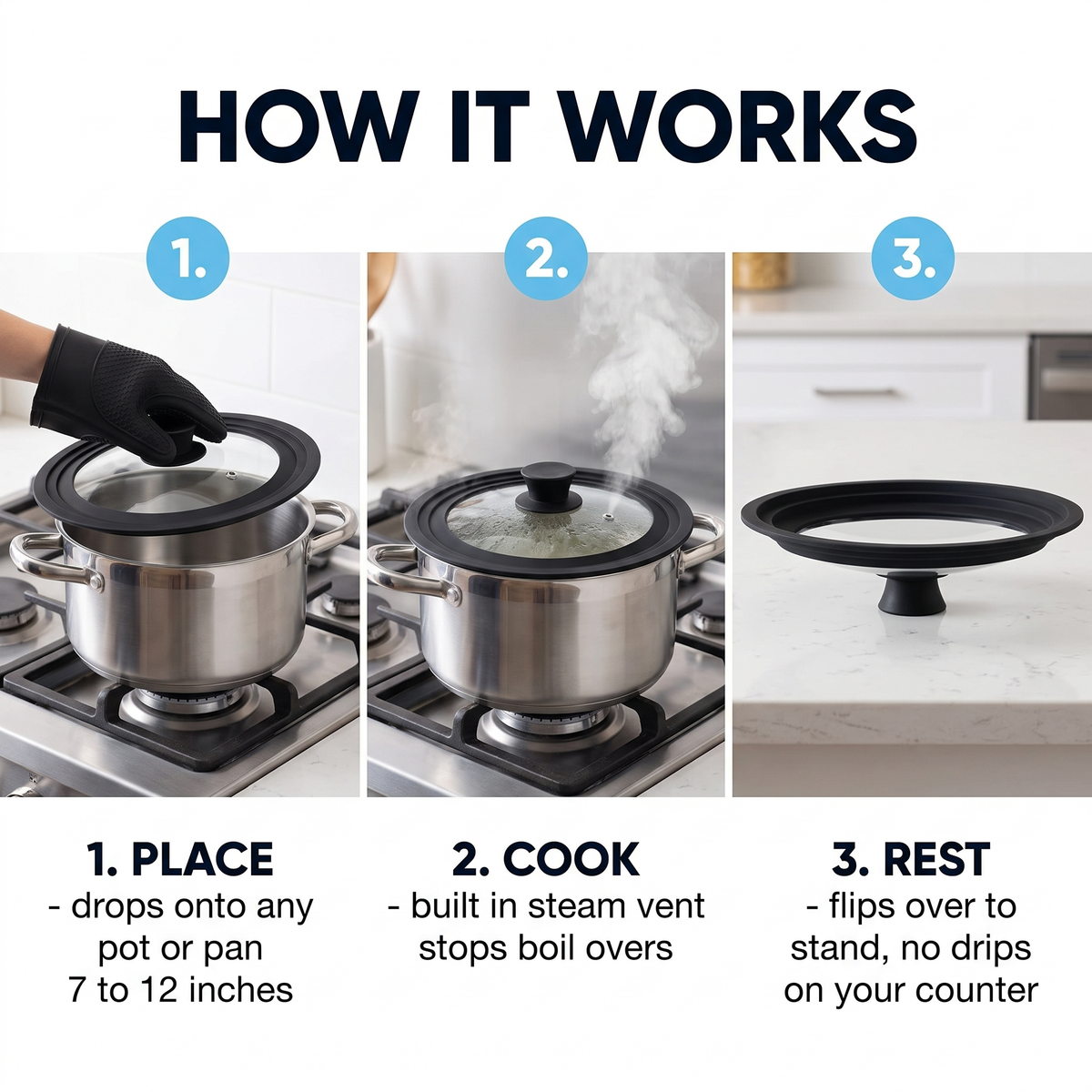 How it works: place on any pot, cook with the built-in steam vent, rest upside down with no drips