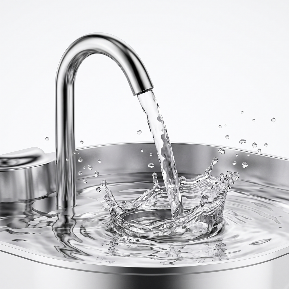 Close-up of fresh water streaming from the pet fountain's faucet spout