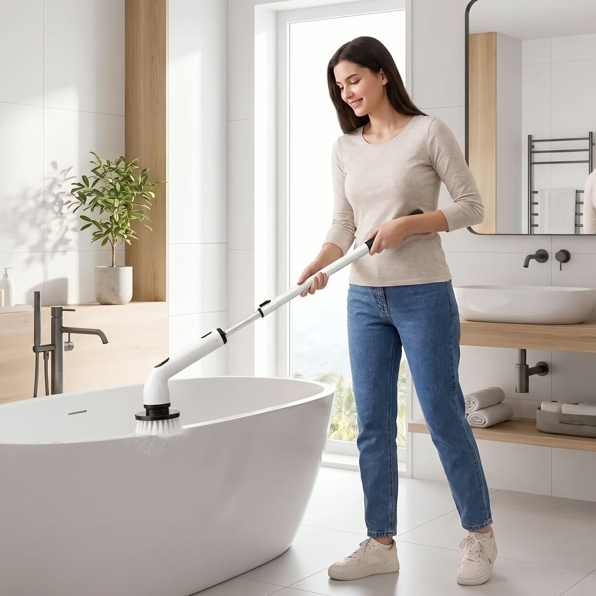 Scrubbing a bathtub ring clean with the extended handle