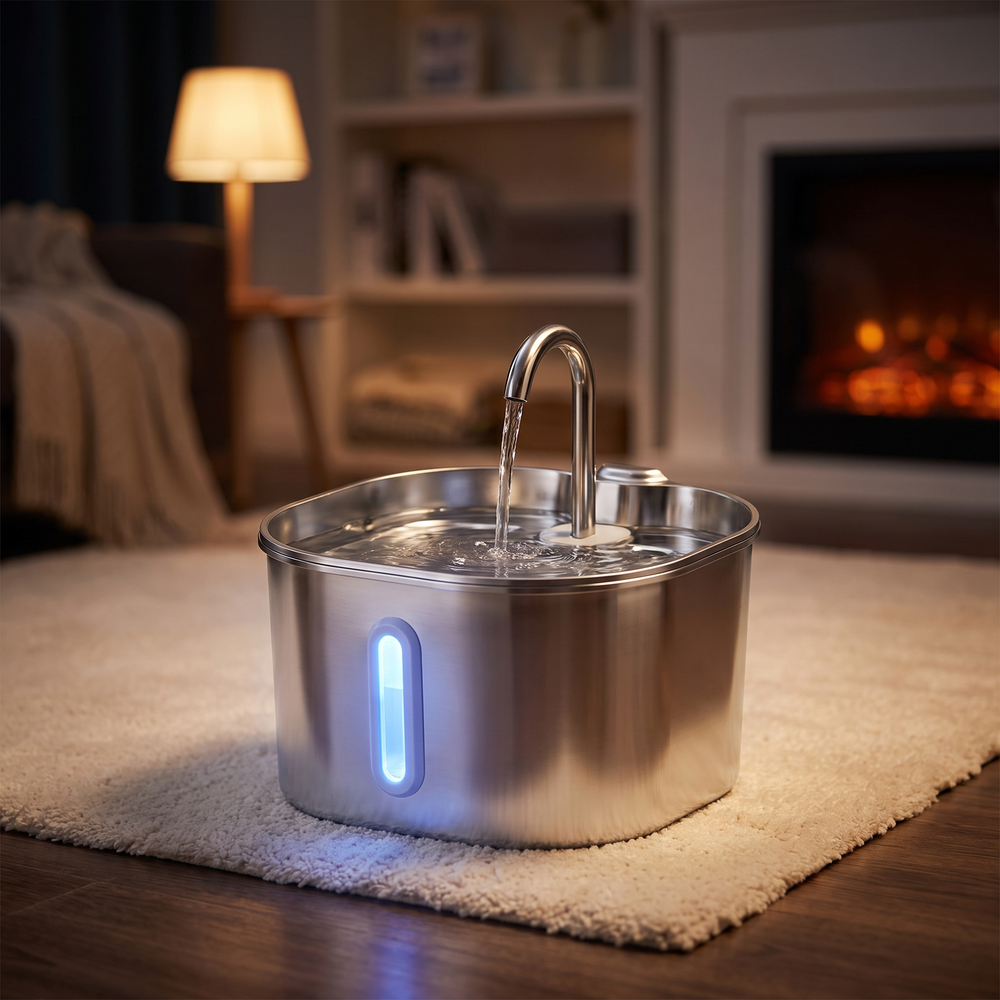 Pet Hydration Fountain on a rug in a cozy living room at night with its blue indicator lit