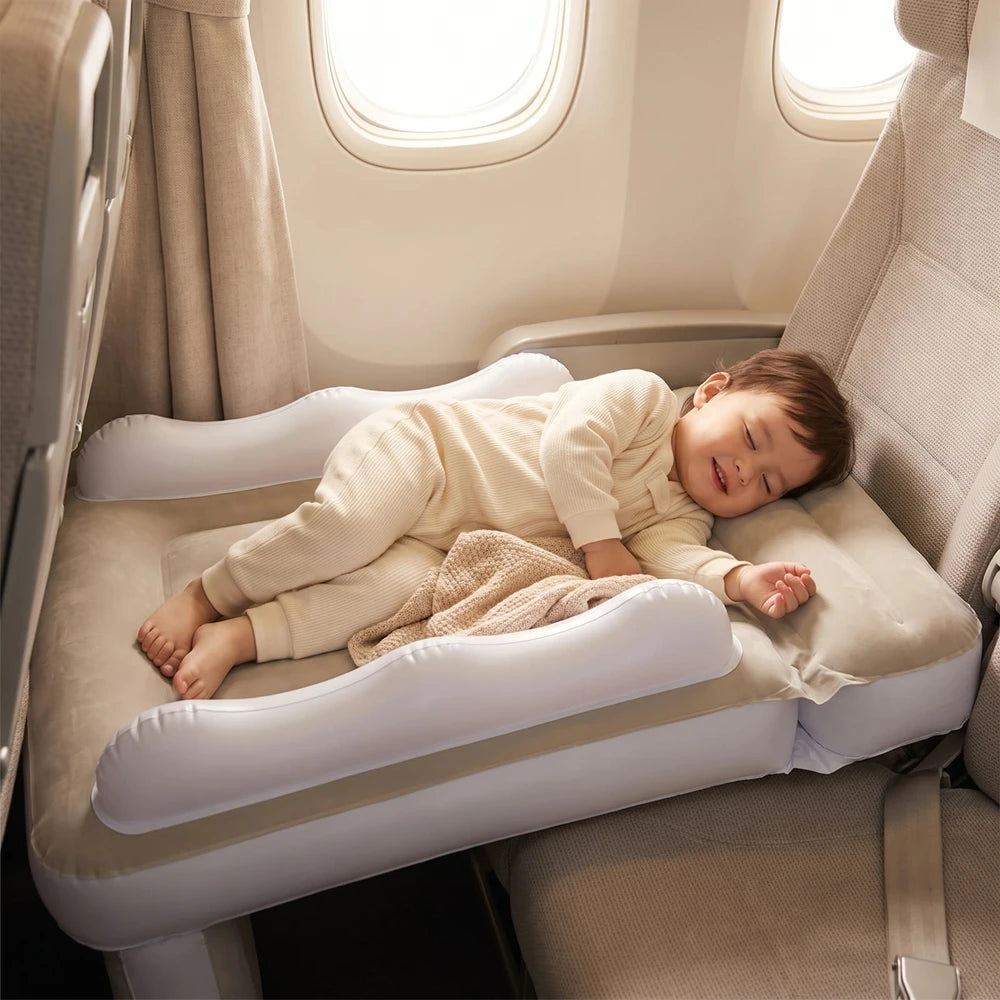 Toddler Inflatable Travel Bed - lie-flat airplane and car seat bed with raised safety bumper rails and included pump