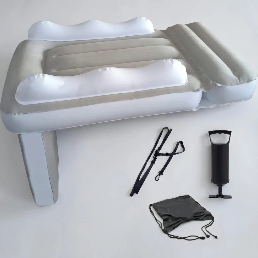 Toddler Inflatable Travel Bed - lie-flat airplane and car seat bed with raised safety bumper rails and included pump