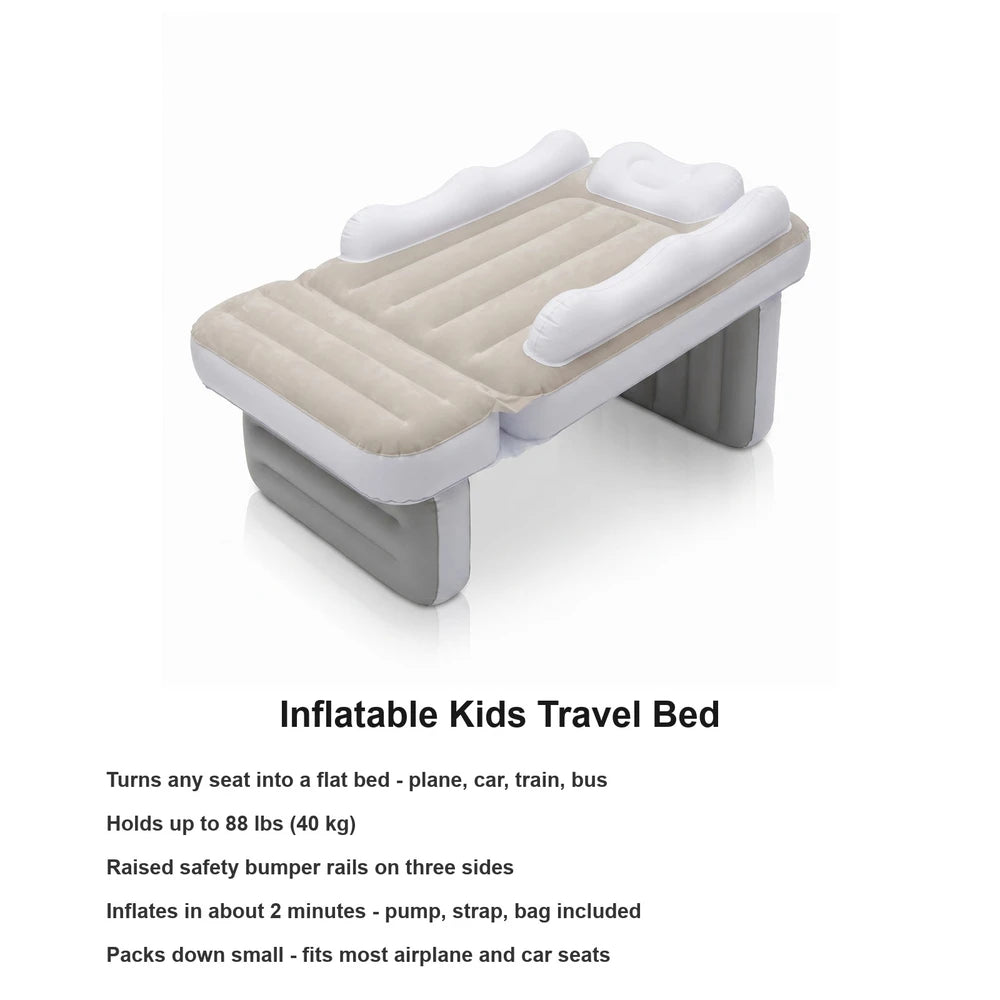 Toddler Inflatable Travel Bed - lie-flat airplane and car seat bed with raised safety bumper rails and included pump
