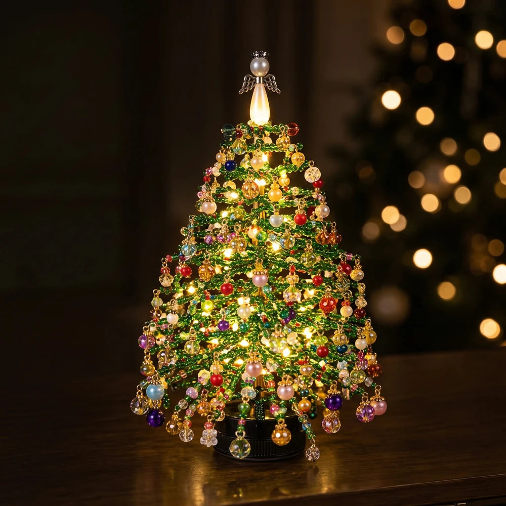 Beaded Christmas tree glowing at night with warm white fairy lights