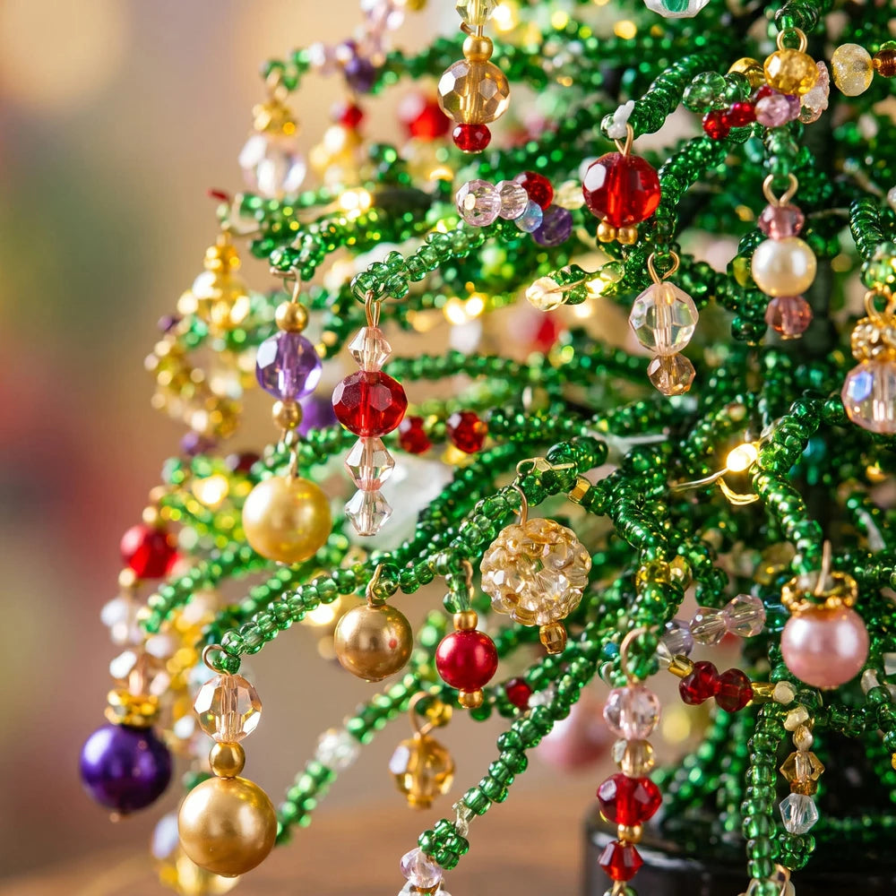 Close-up of glass beads, pearl charms and crystal ornaments on the beaded tree