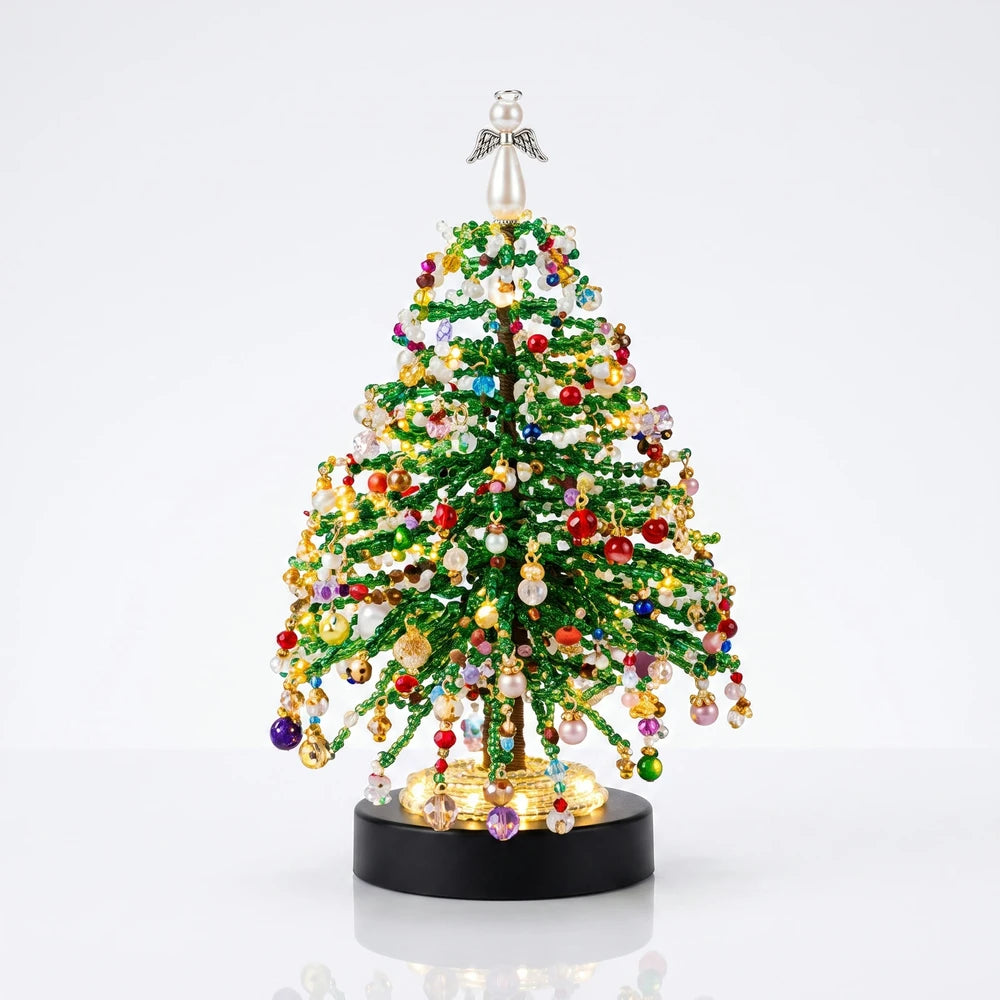 11 inch beaded tabletop Christmas tree with angel topper on black display base