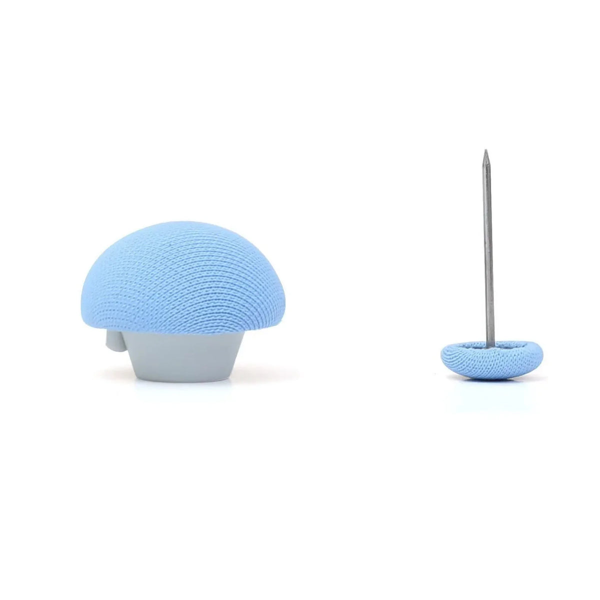 Blue Stay-Put Duvet Clip showing the padded locking cap and the pin base side by side