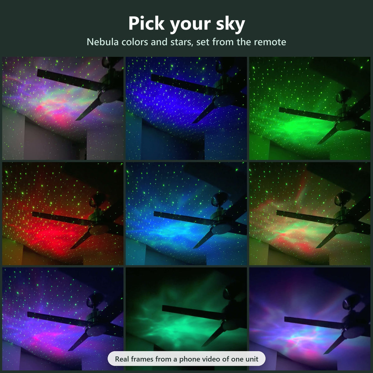 Pick your sky: nine real frames of the projector's nebula colors and star settings on a bedroom ceiling