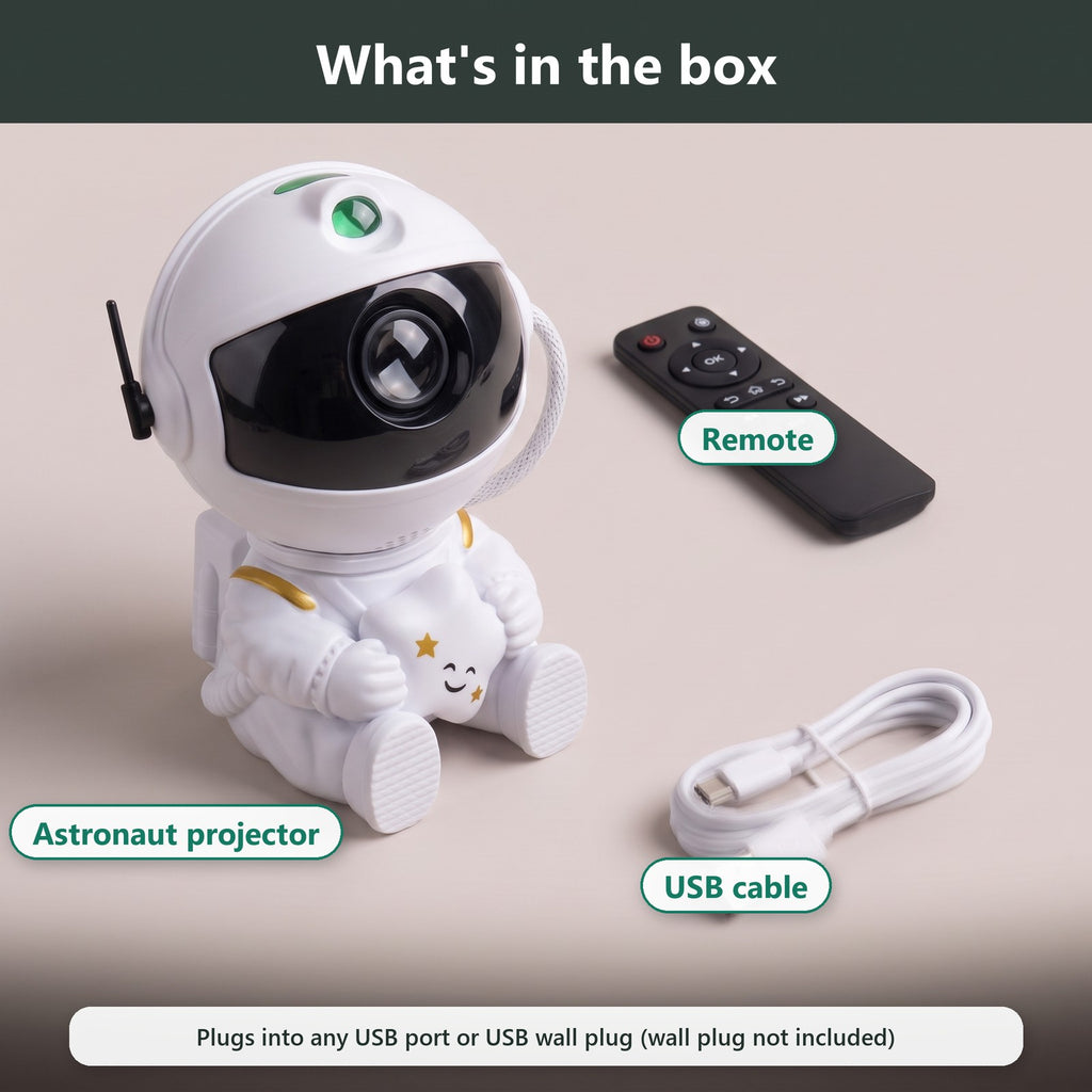 What's in the box: the astronaut star projector, a black remote and a white USB cable