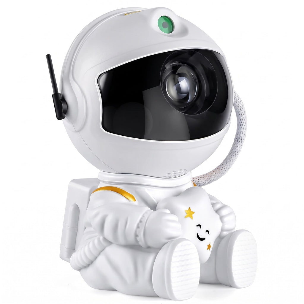 Astronaut galaxy star projector studio photo on white: white helmet, black visor, hugging a smiling star