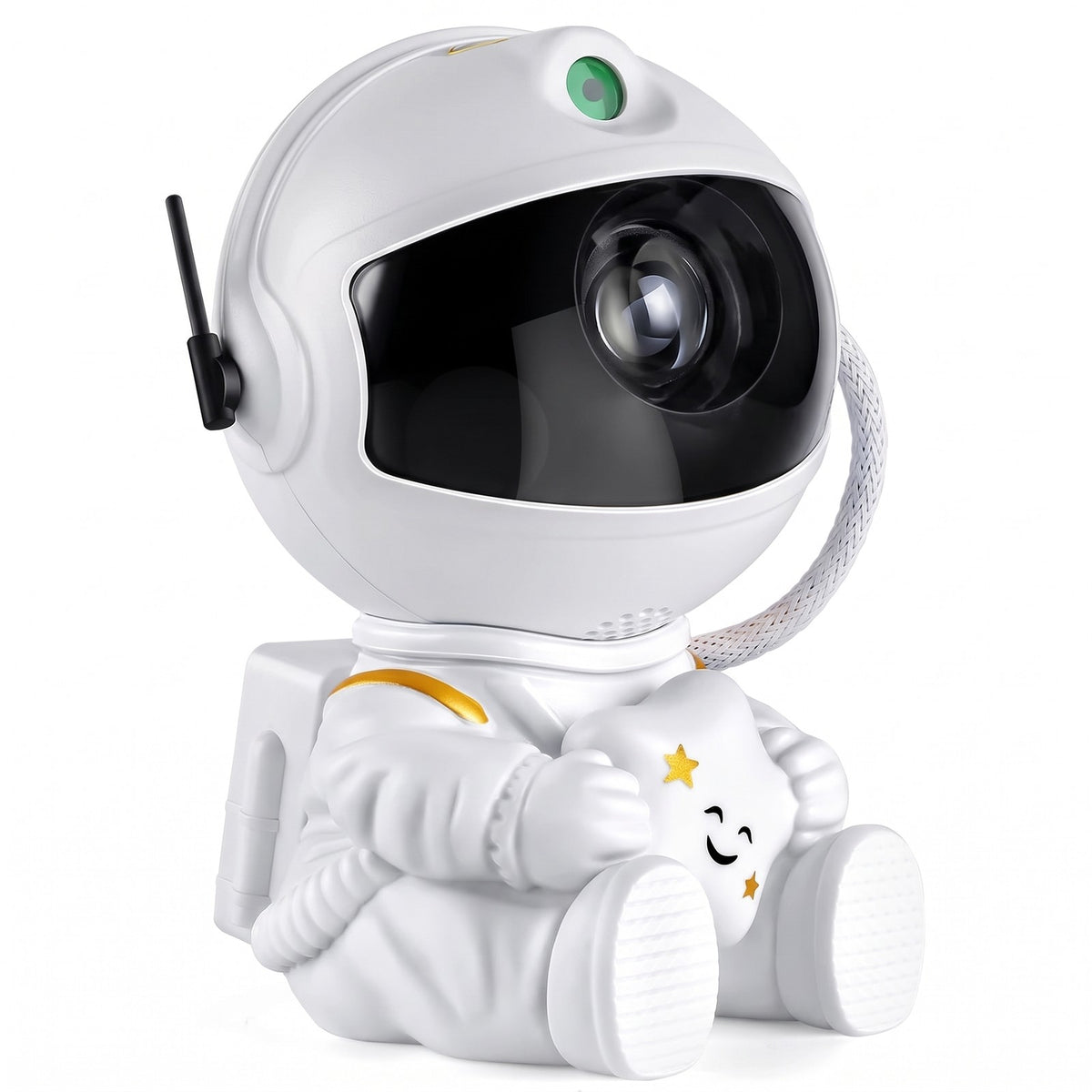 Astronaut galaxy star projector studio photo on white: white helmet, black visor, hugging a smiling star