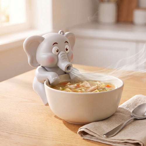 Cool Bite Buddy gray elephant clip-on food cooling fan hooked on the rim of a bowl of hot noodle soup, blowing the steam away