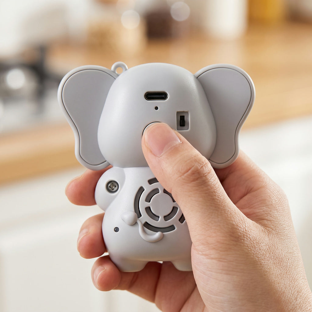 Back of the Cool Bite Buddy elephant showing the USB-C charging port, power switch and air intake grille