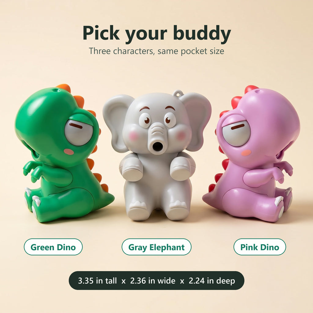 Cool Bite Buddy in Green Dino, Gray Elephant and Pink Dino, each 3.35 in tall, 2.36 in wide and 2.24 in deep