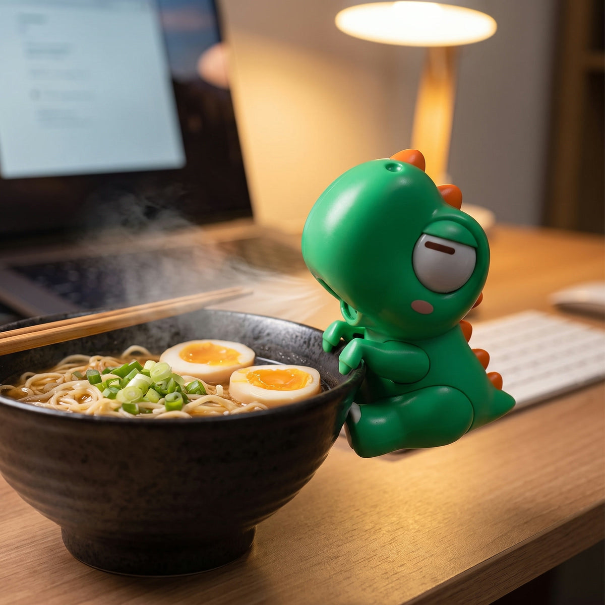 Green Dino Cool Bite Buddy hooked on a bowl of steaming ramen at a desk