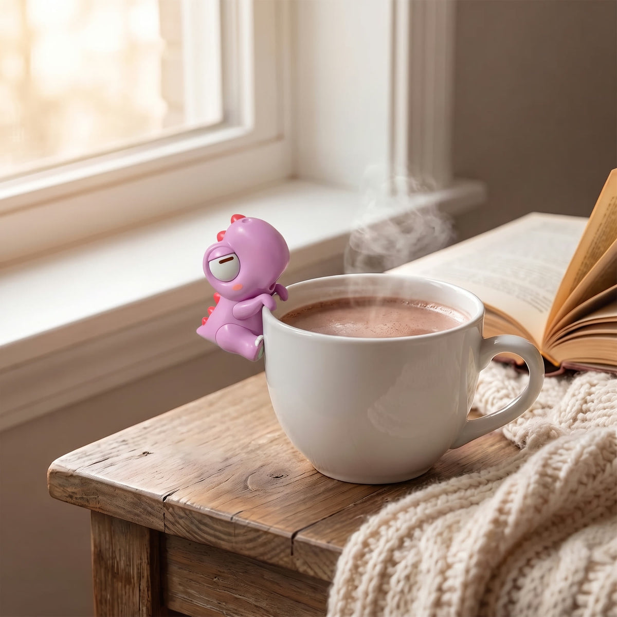 Pink Dino Cool Bite Buddy hooked on the rim of a mug of hot cocoa
