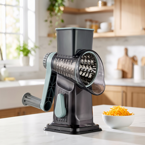 Crank Grater 3-blade rotary cheese grater in charcoal grey on a white kitchen counter next to a bowl of shredded cheddar
