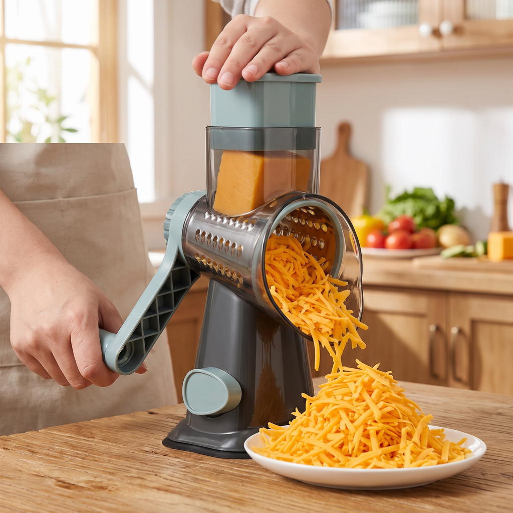 Hands turning the Crank Grater handle while shredded cheddar pours out of the stainless steel drum onto a plate