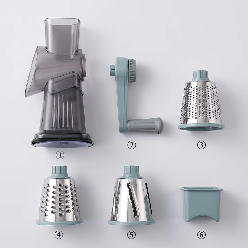 What is in the box: Crank Grater body with hopper and suction base, crank handle, food pusher and three stainless steel drum blades