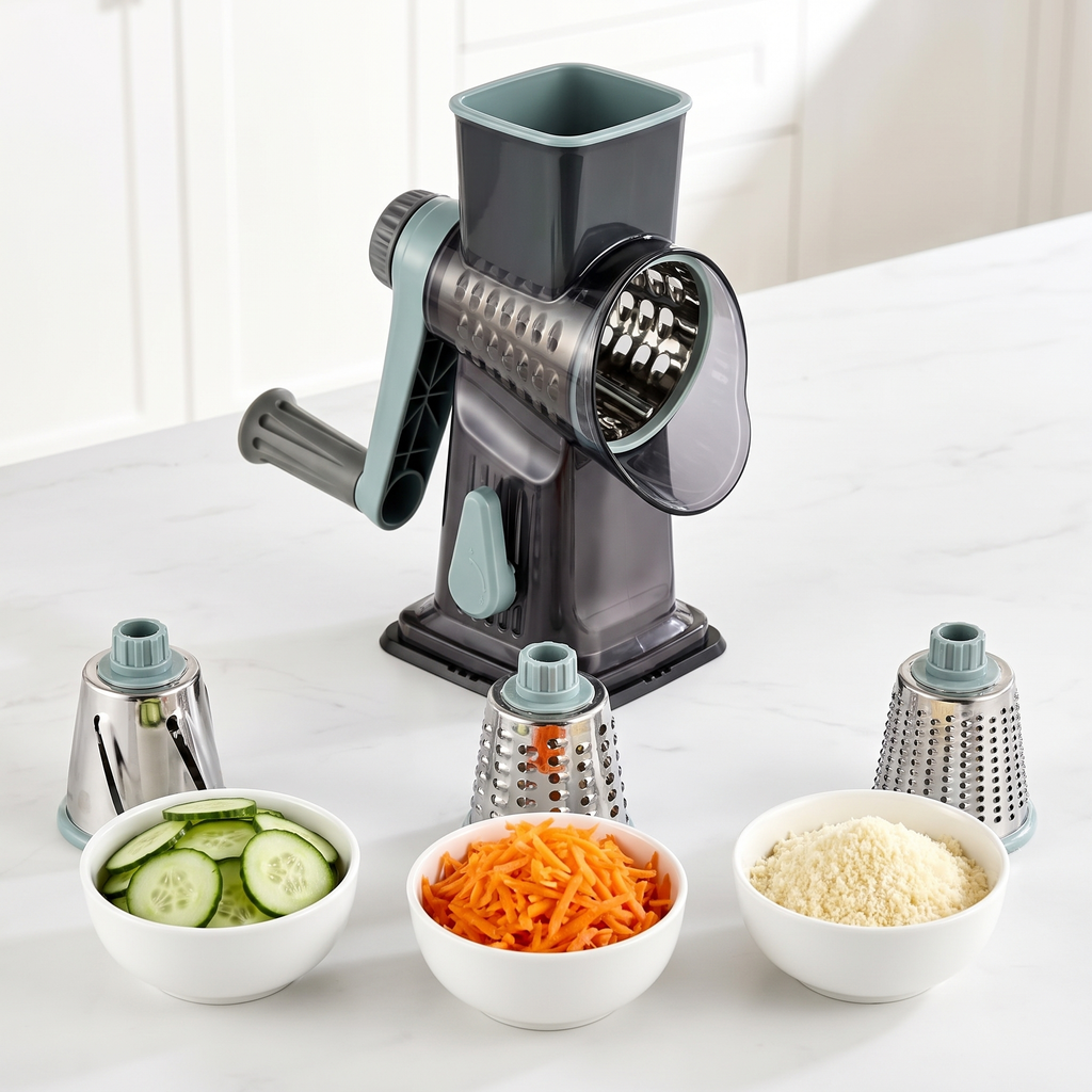 Three drums, three results: cucumber slices, shredded carrot and grated parmesan from the Crank Grater