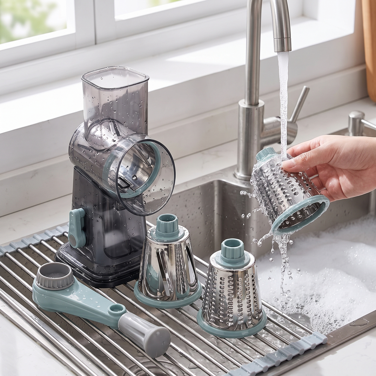 Crank Grater pulled apart and rinsed clean under the tap, drums drying on a rack