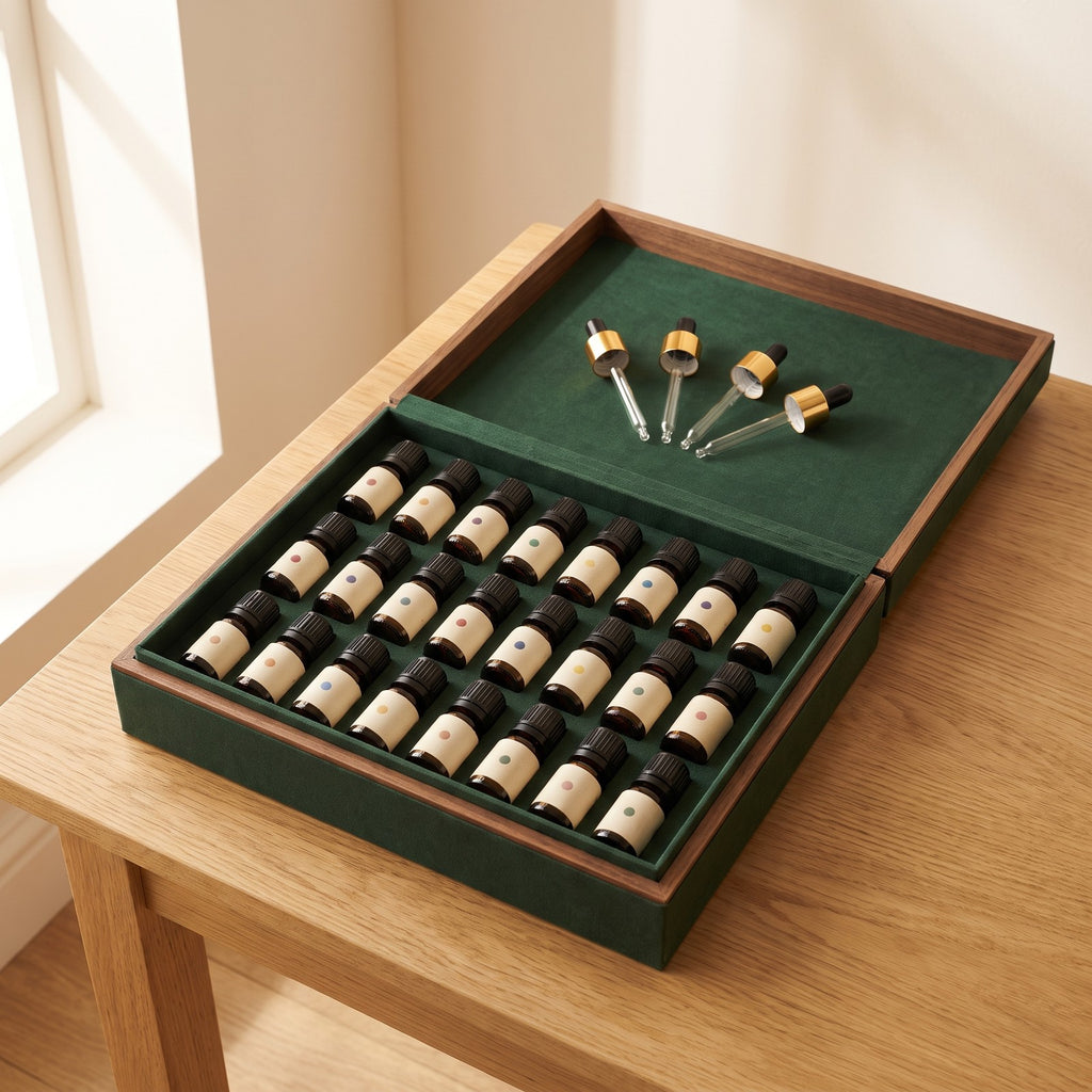 Essential Oil Set: thirty-five 5 ml amber glass bottles of single-note essential oils in a gift box with four glass droppers