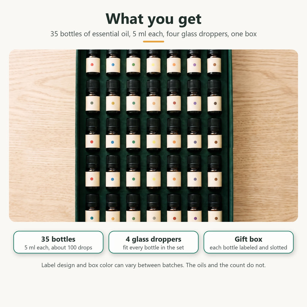 What you get: 35 bottles of 5 ml essential oil and 4 glass droppers, boxed
