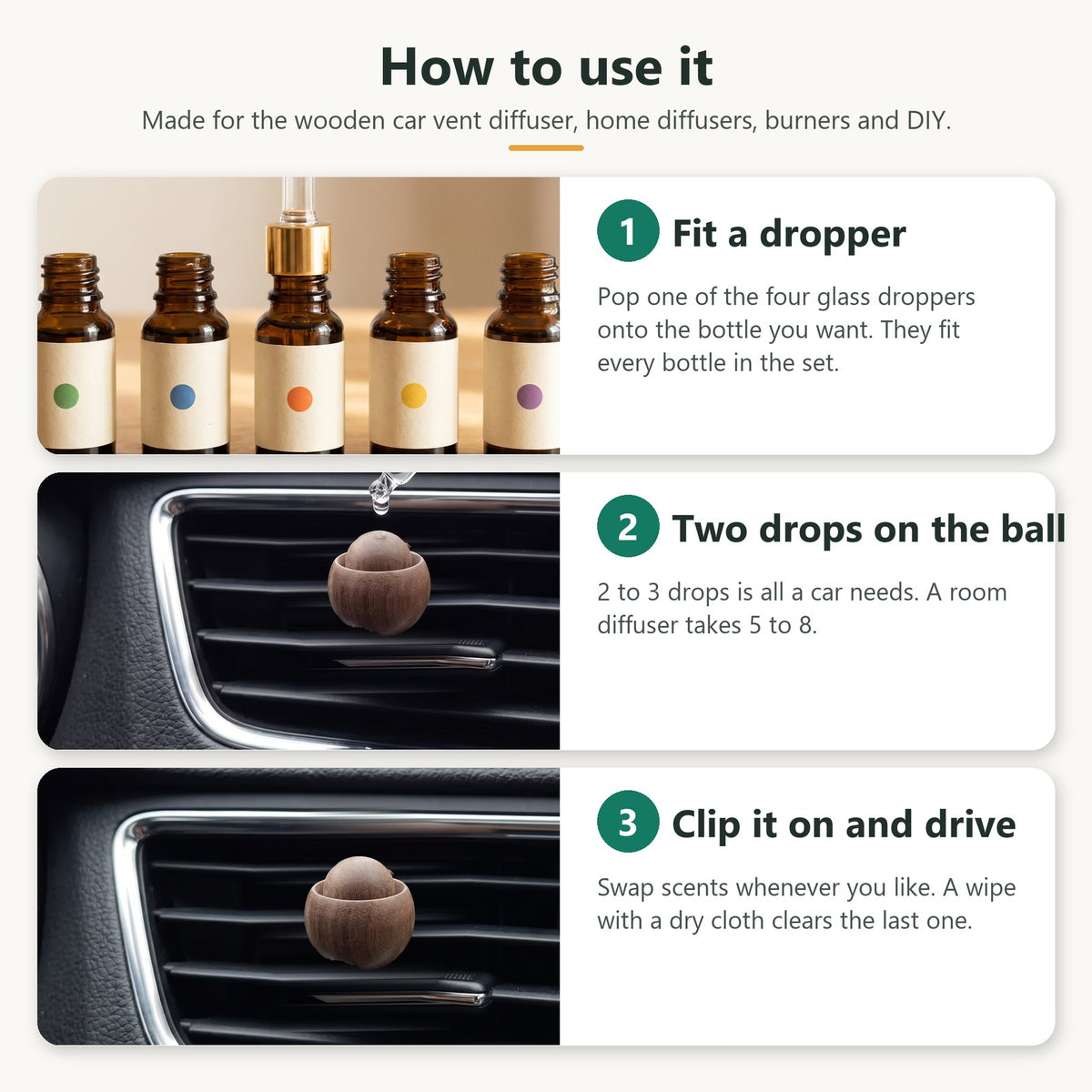 How to use: fit a dropper, 2 to 3 drops on the diffuser ball or in a home diffuser, swap scents any time