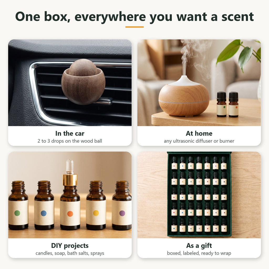 Uses: car vent diffuser, ultrasonic diffuser, oil burner, candles, soap and bath salts