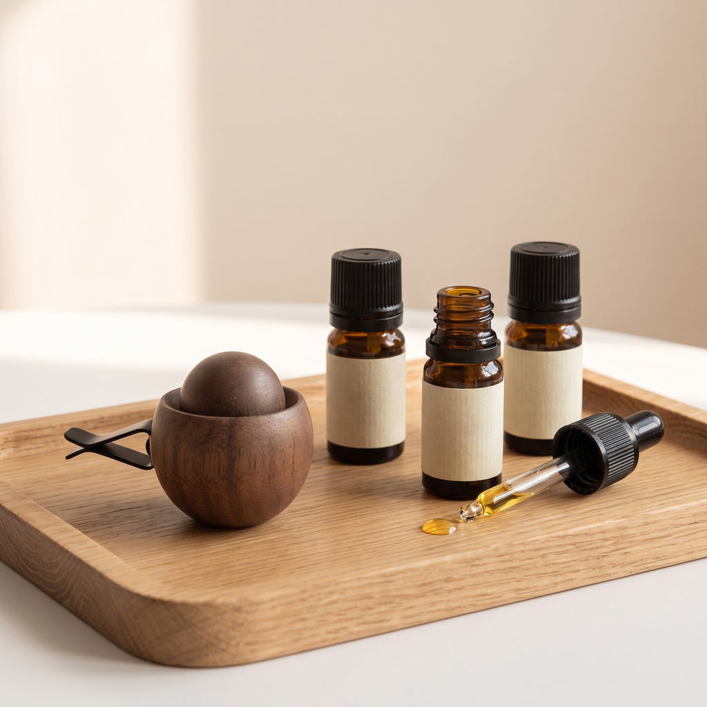 A few amber oil bottles on a wood tray next to the wooden car vent diffuser