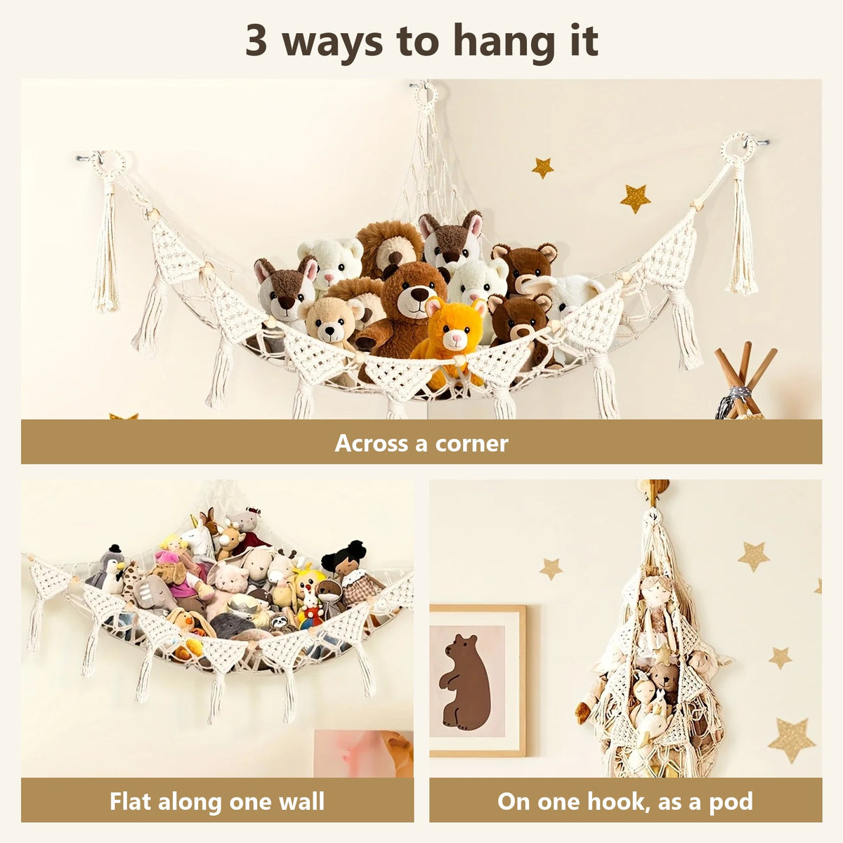 Three ways to hang the hammock: across a corner, flat along one wall, or gathered on one hook as a pod
