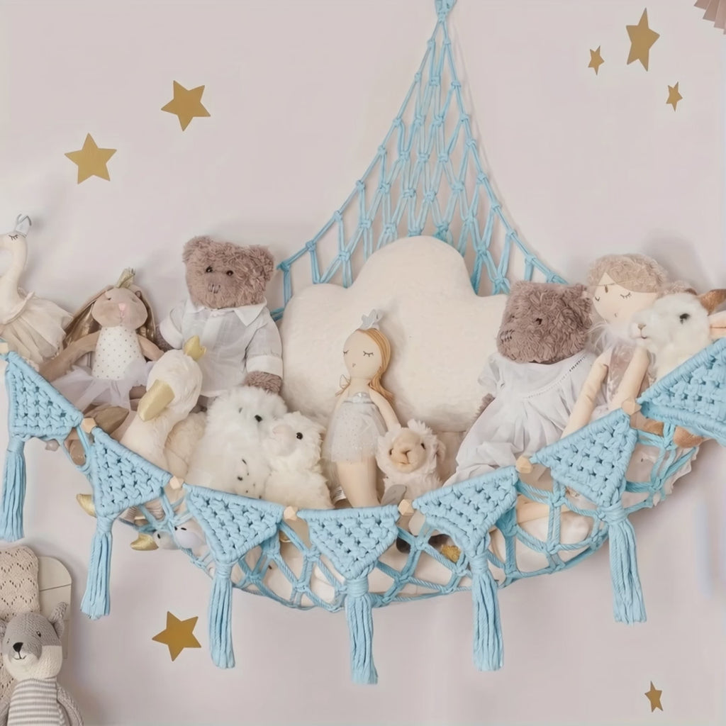 Macrame Stuffed Animal Hammock: a hand drops a teddy bear into the hammock, then the black and grey hammocks full of plush toys and a nursery corner