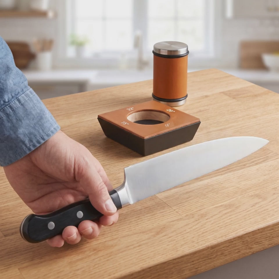 True Angle rolling knife sharpener in action: knife held edge-up by magnets on the angled side of the base, roller disc rolled along the edge, then a tomato sliced paper thin