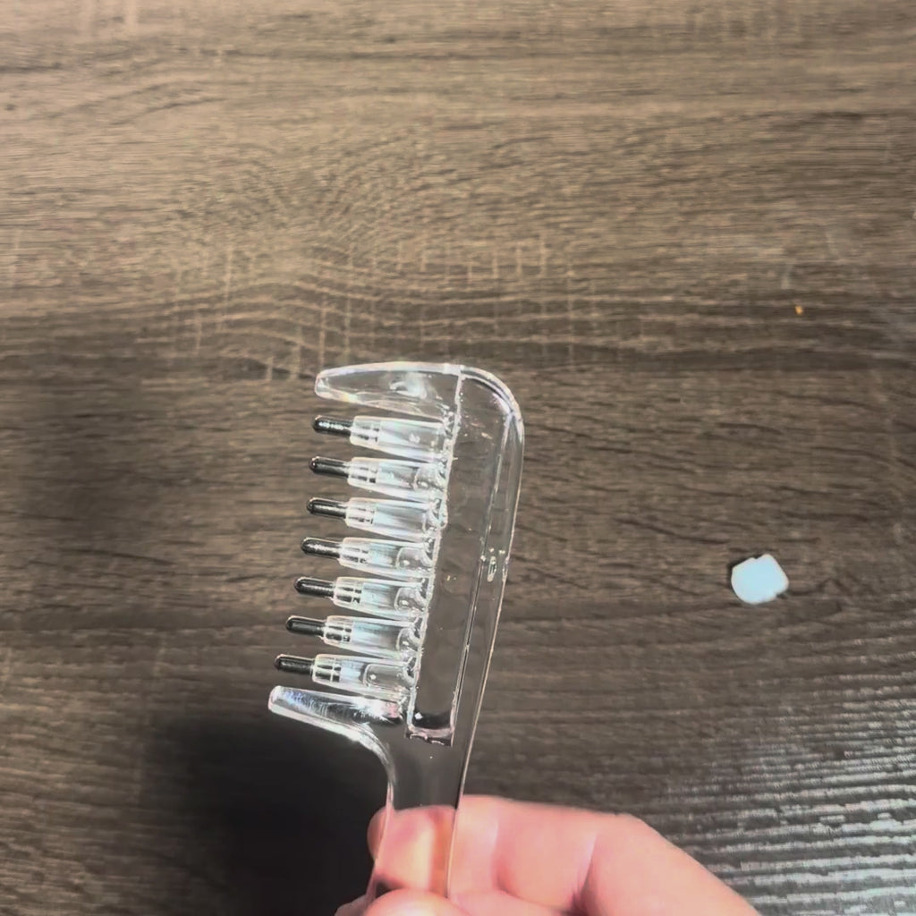 Scalp Serum Applicator Comb in action: dropper fills the reservoir, cap goes on, the comb rolls over a hand and leaves one drop per tooth on a towel