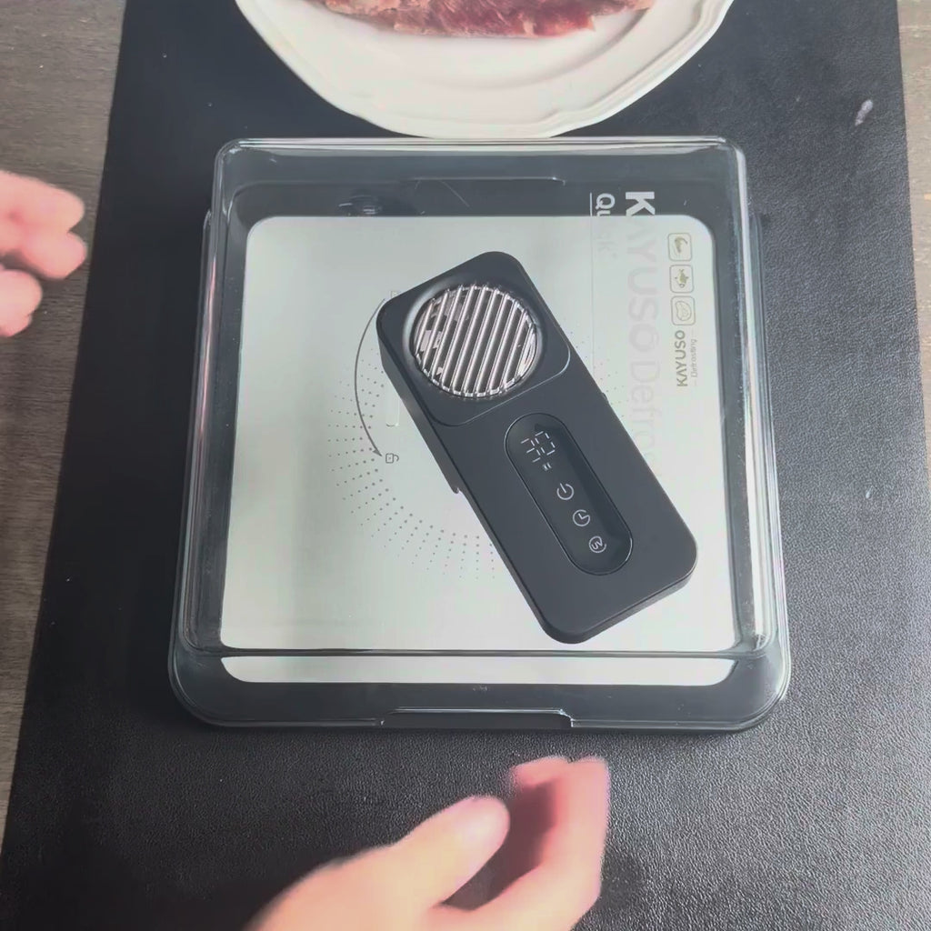 Quick Thaw Defrosting Box in action: lid off, frozen steak on the tray, lid on, one button, thawed with the juices on the tray