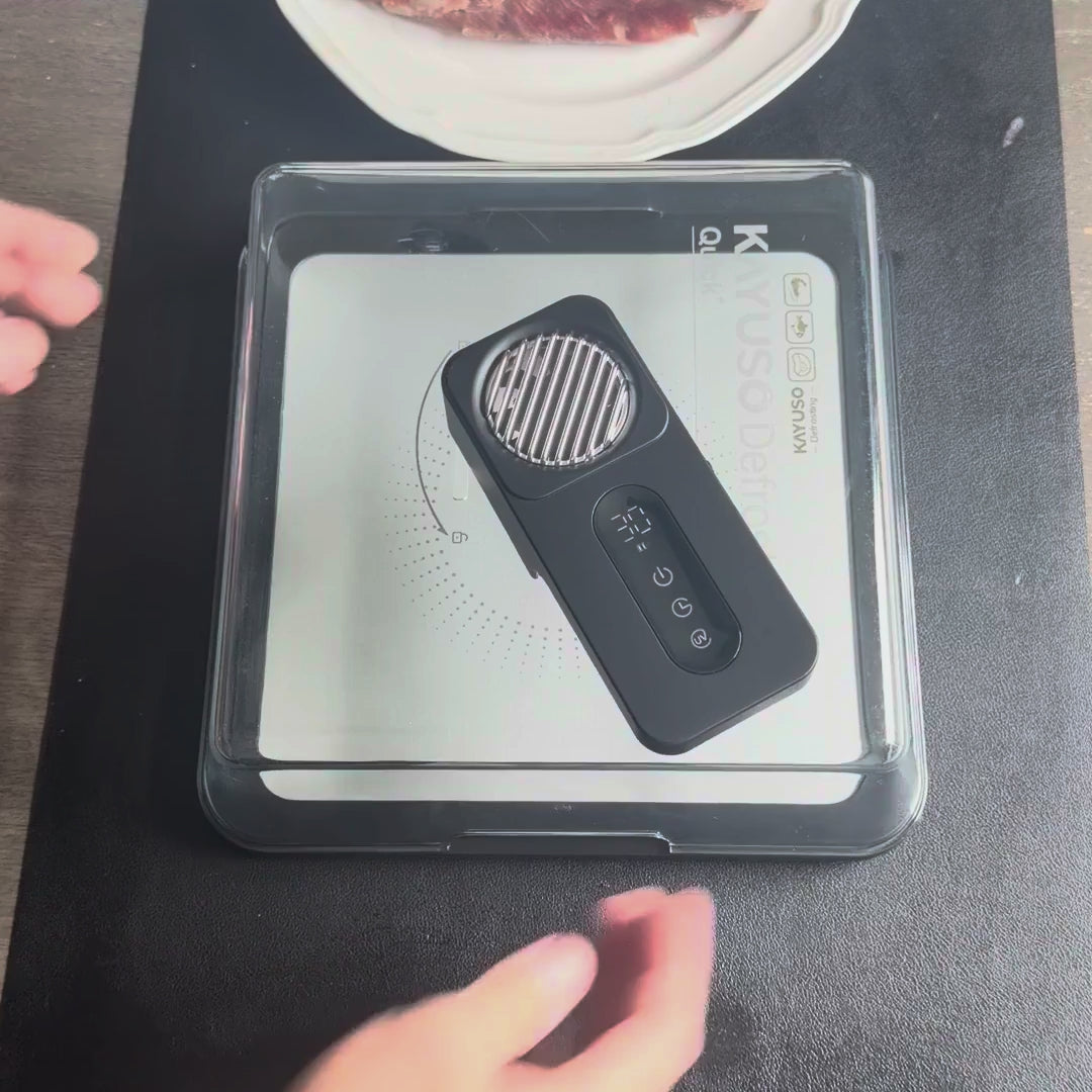 Quick Thaw Defrosting Box in action: lid off, frozen steak on the tray, lid on, one button, thawed with the juices on the tray