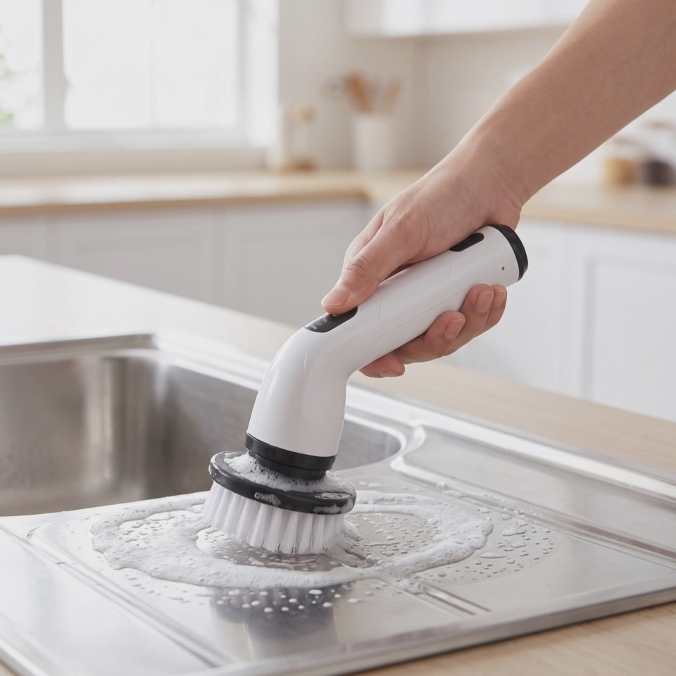 Electric cleaning brush scrubbing a sink