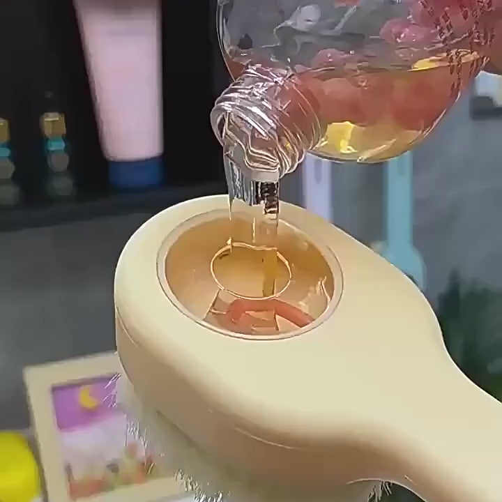 Lather Reach Back Brush in action: fill, press, lather, scrub your back, hang to dry