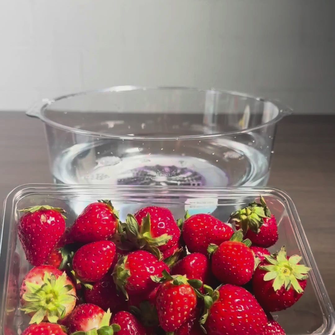 Vortex Produce Washer in action: press Start, the water spins into a vortex, berries and greens tumble, the basket lifts out