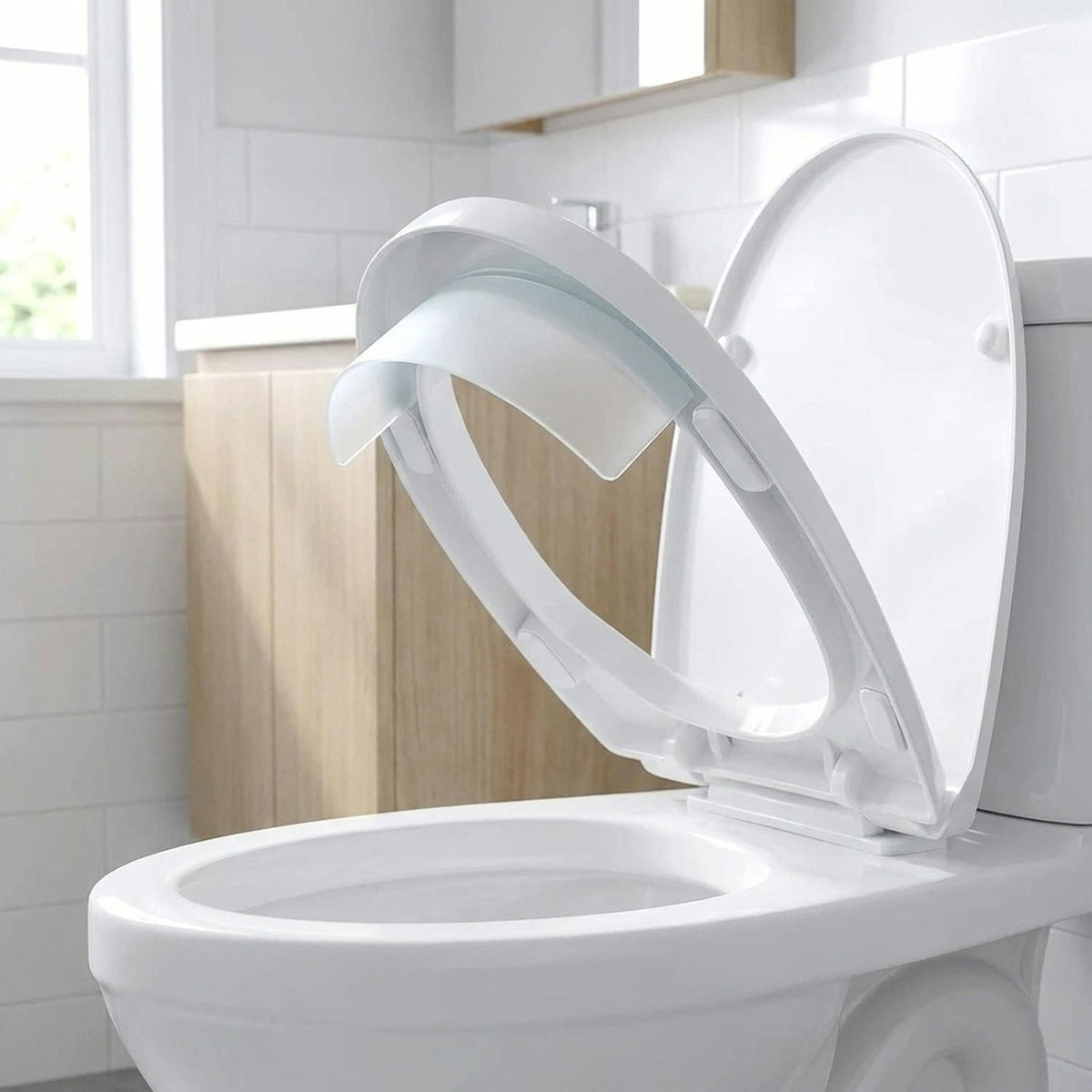 Toilet seat lifted showing the pee splash guard attached under the front edge