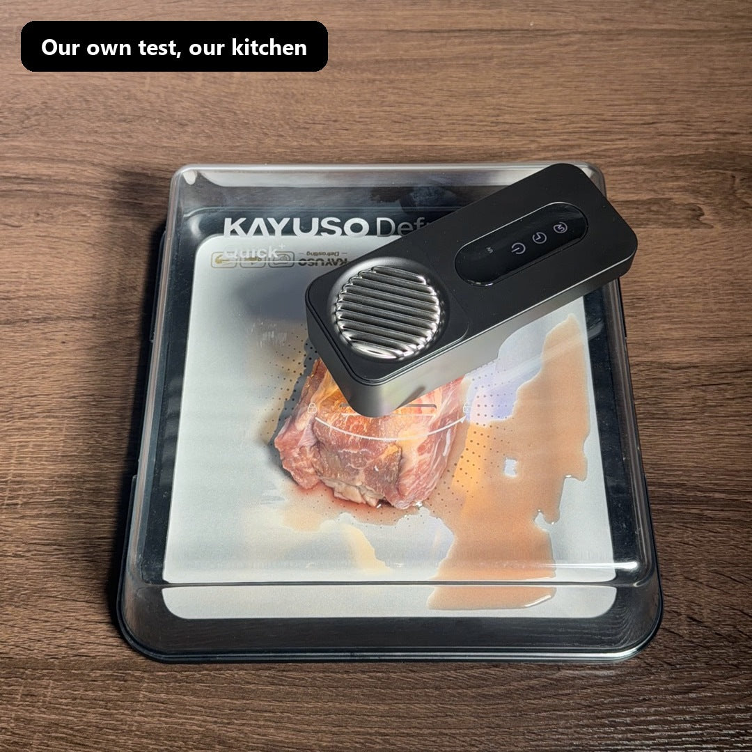 Our own test: a thawed ribeye on the Quick Thaw Defrosting Box tray with the juices pooled, fan unit on the lid
