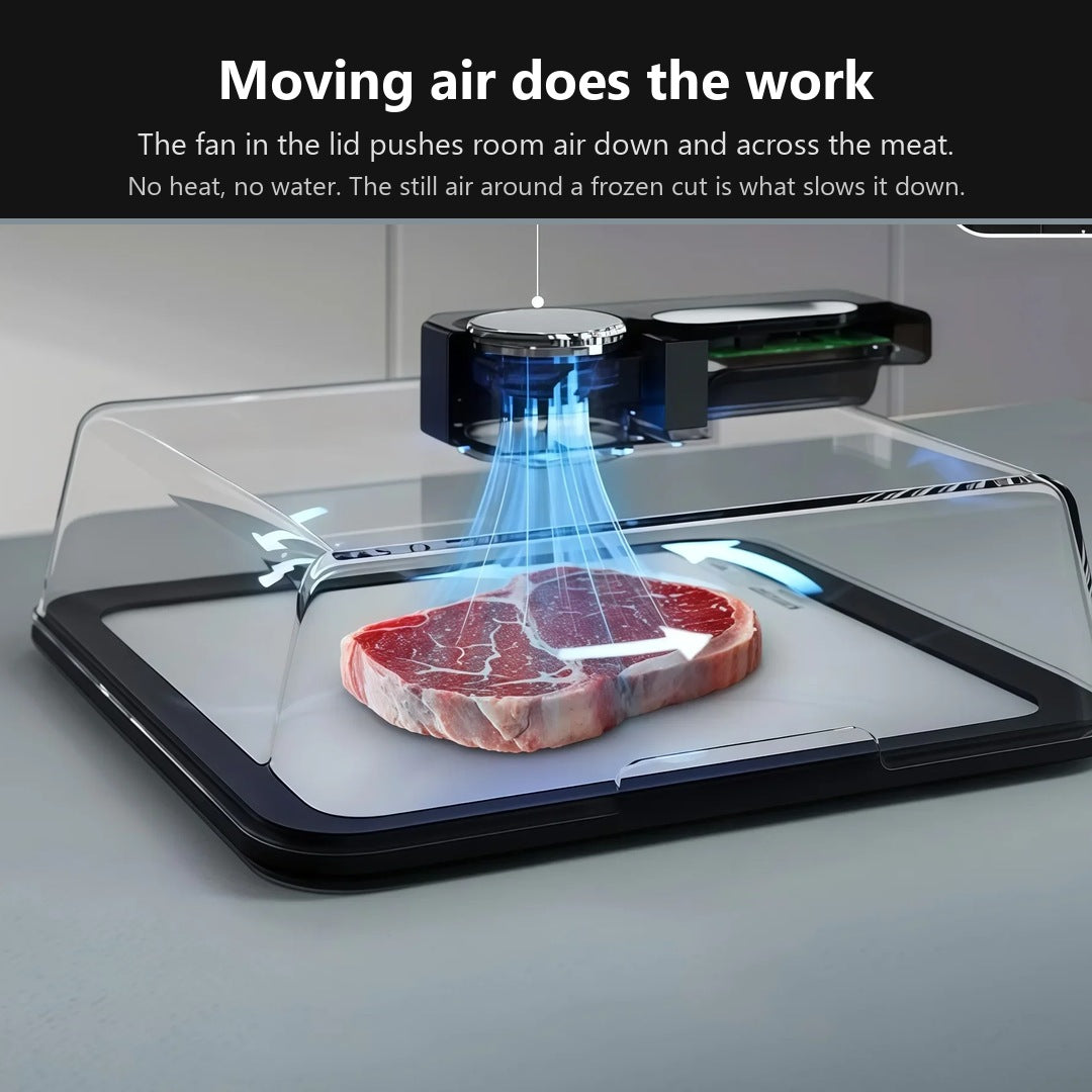 The fan in the Quick Thaw Defrosting Box lid pushing room air down and across a steak on the tray