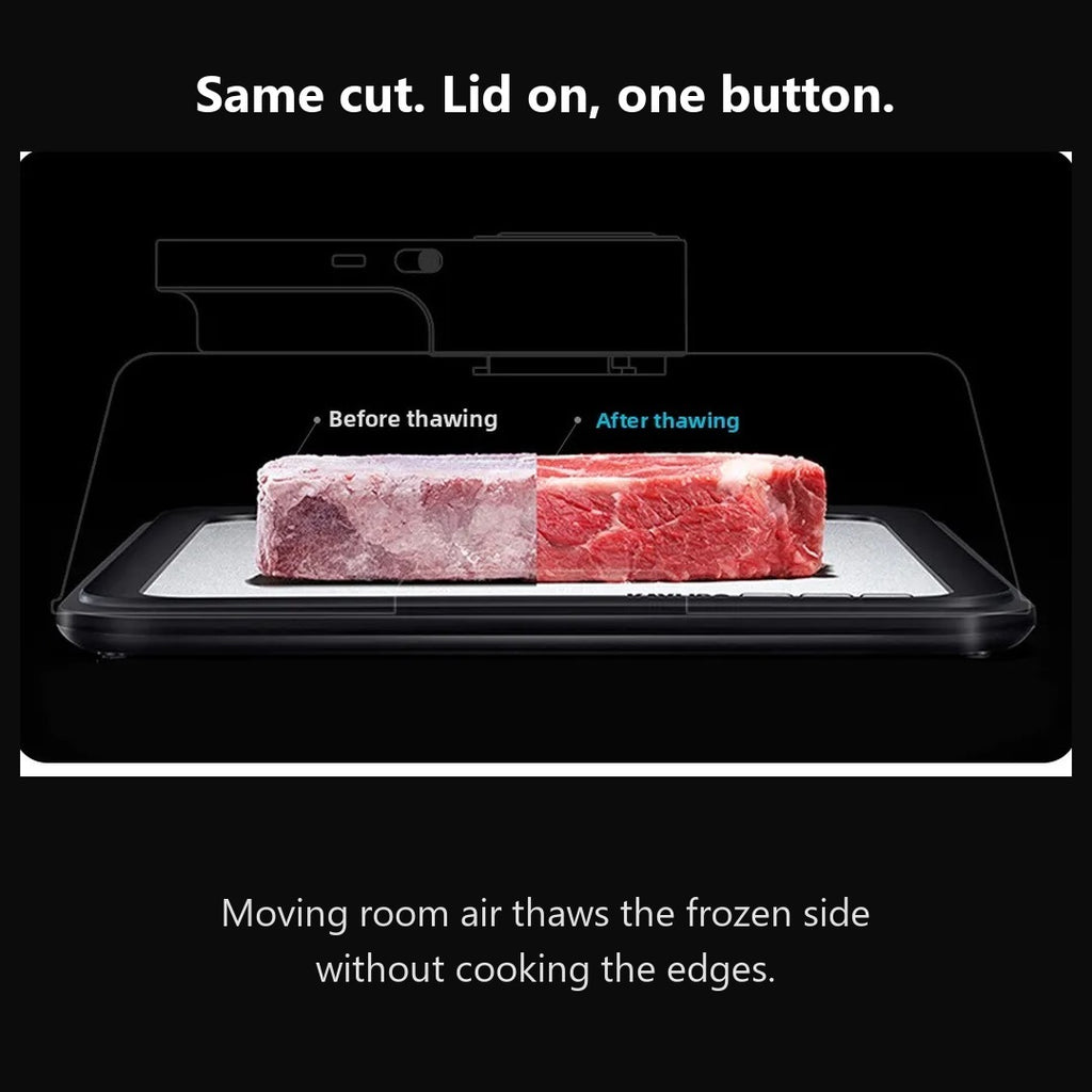 Same cut half frozen and half thawed on the Quick Thaw Defrosting Box tray