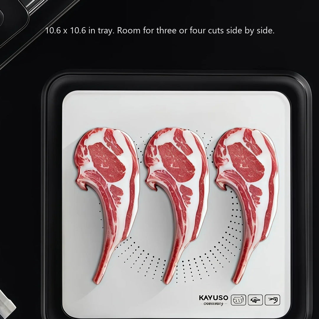 Three chops side by side on the 10.6 inch Quick Thaw Defrosting Box tray, seen from above