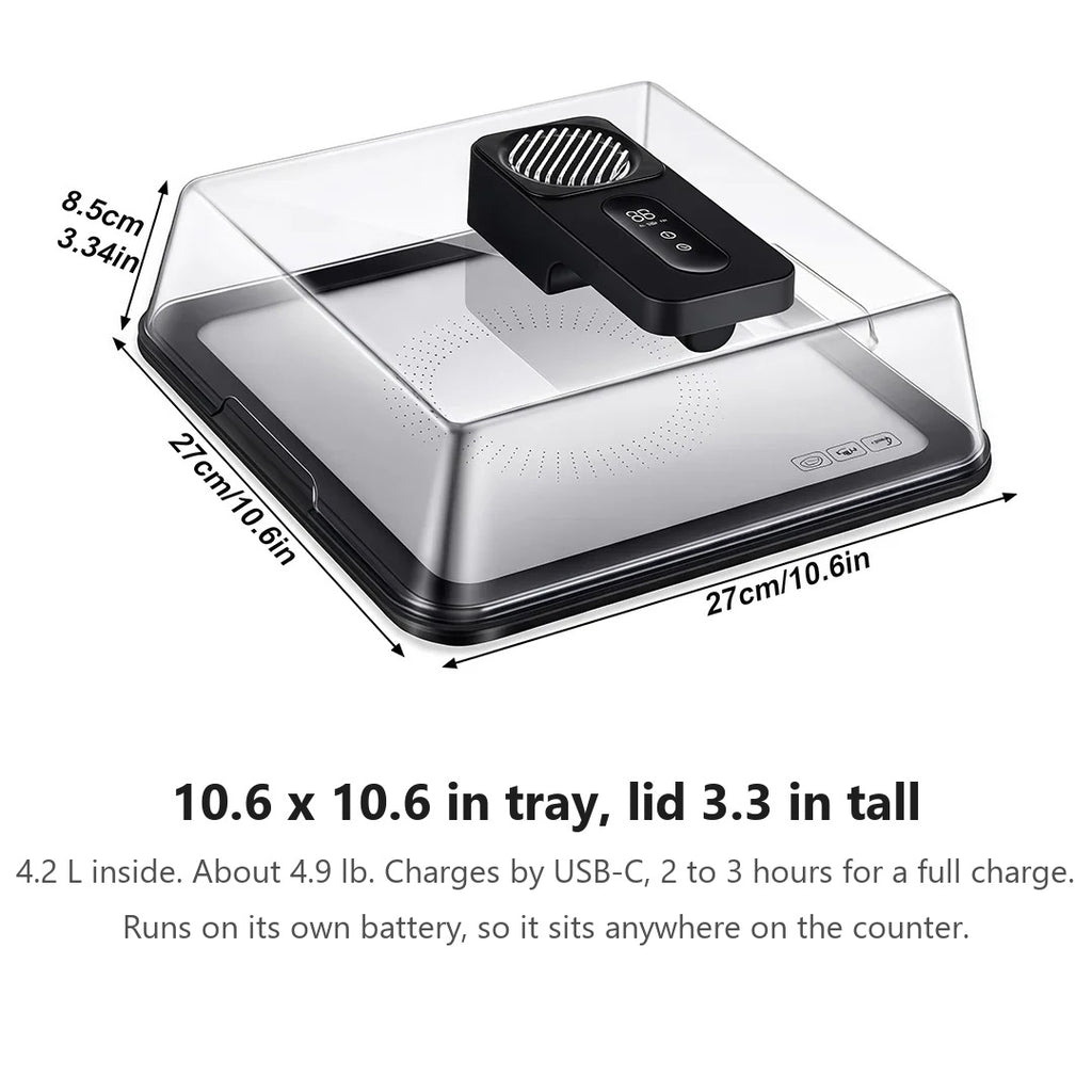 Quick Thaw Defrosting Box size: 10.6 x 10.6 in tray, 3.3 in lid, 4.2 L, charges by USB-C